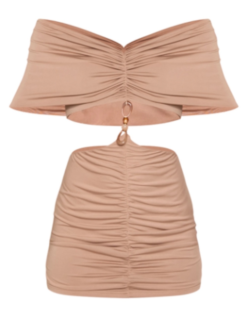 NWT PrettyLittleThing Nude Ruched Cut Out Mini Dress with Beaded Detail